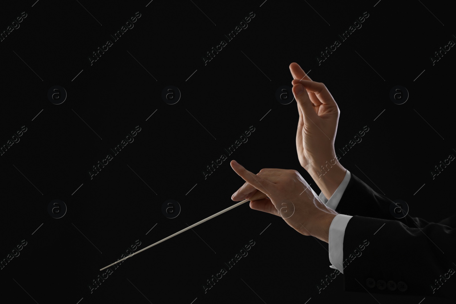 Photo of Professional conductor with baton on black background, closeup. Space for text