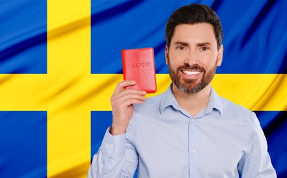 Immigration. Happy man with passport against national flag of Sweden, space for text. Banner design