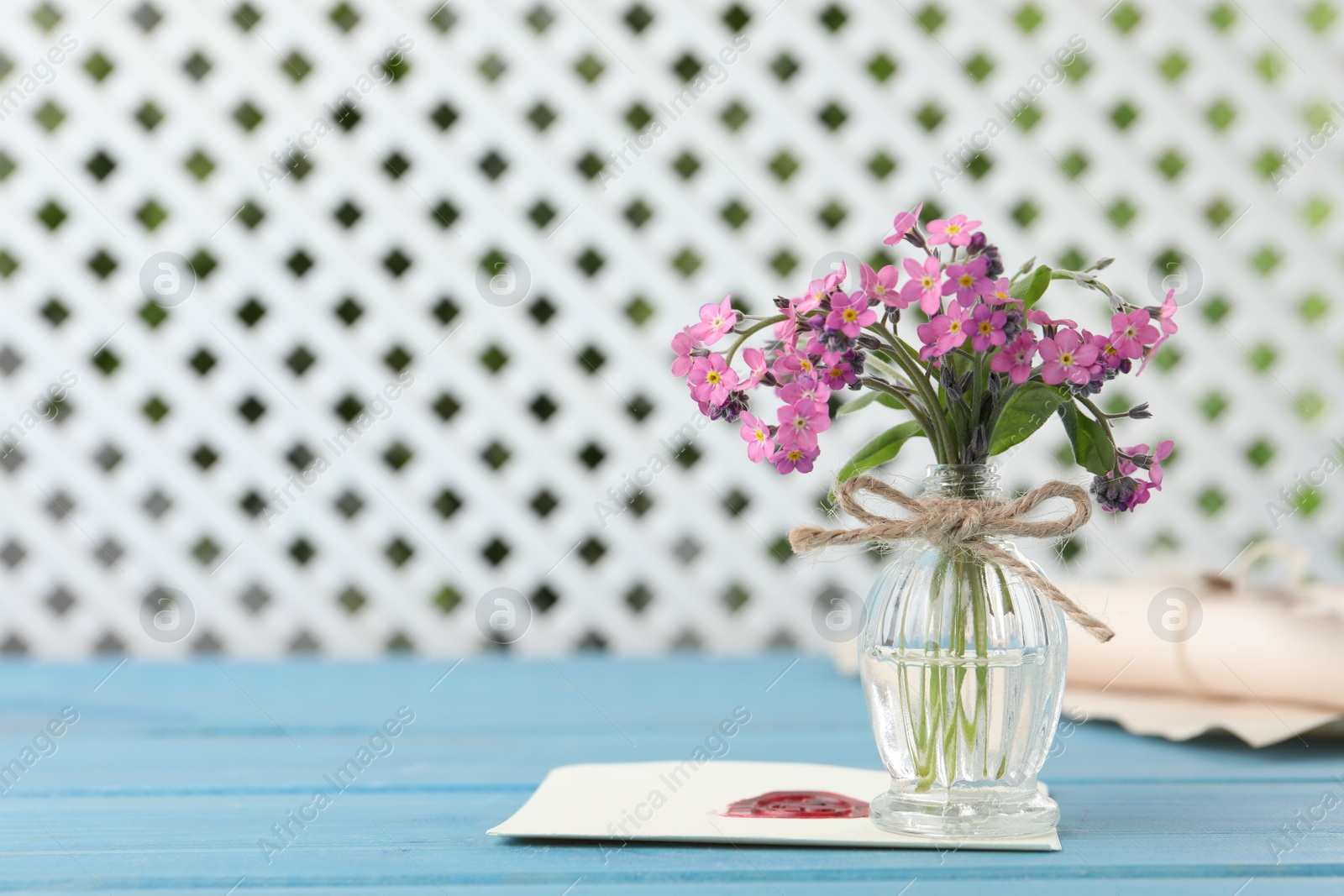 Photo of Beautiful pink forget-me-not flowers in glass bottle and envelope on light blue wooden table. Space for text