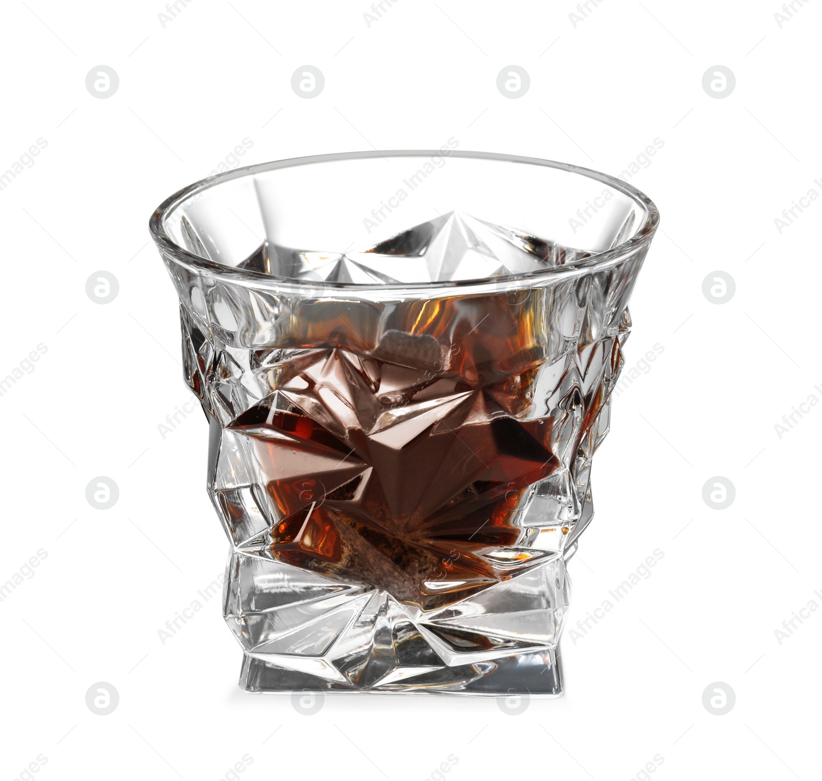 Photo of Glass of scotch whiskey on white background