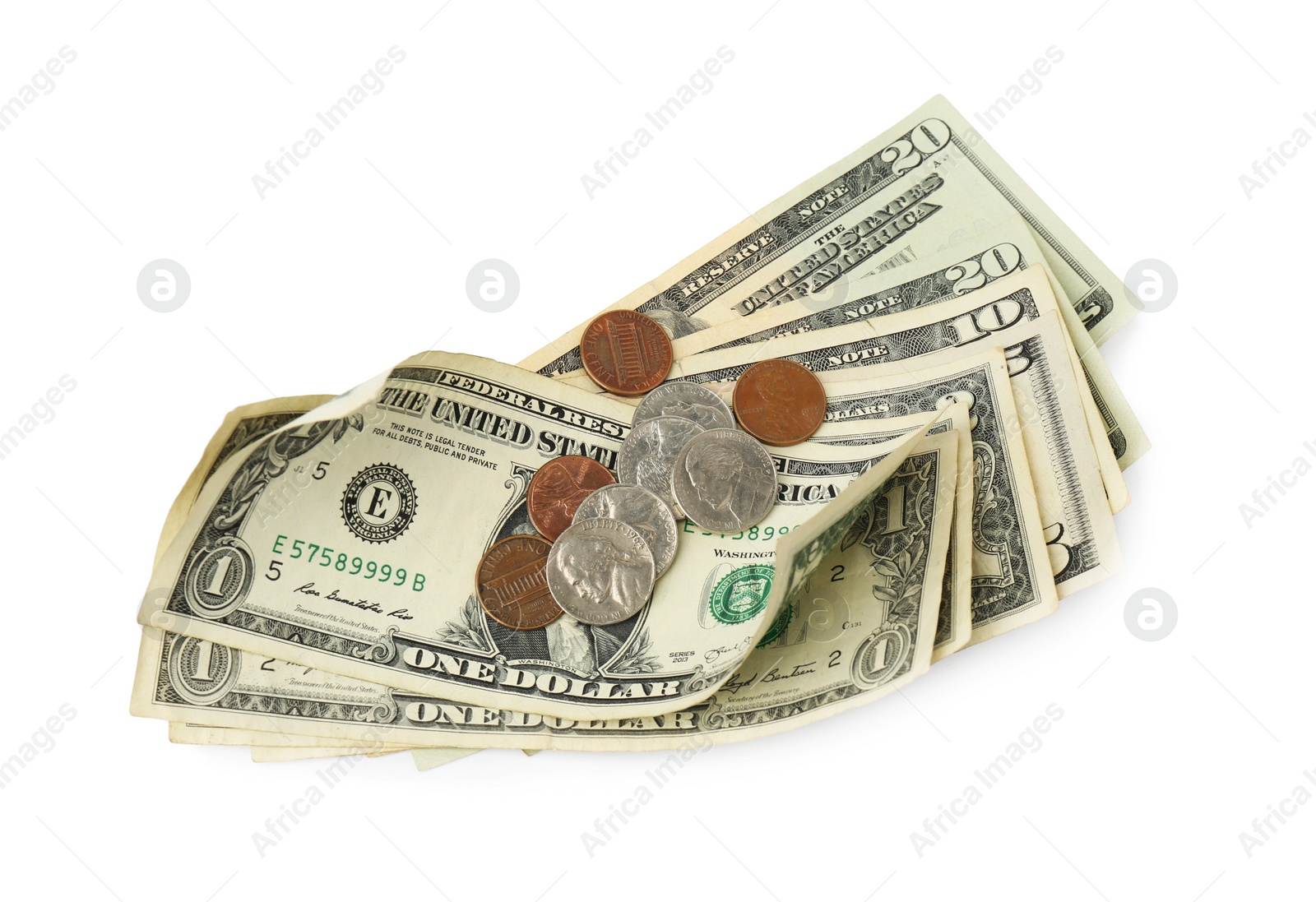 Photo of Dollar banknotes and coins on white background, top view