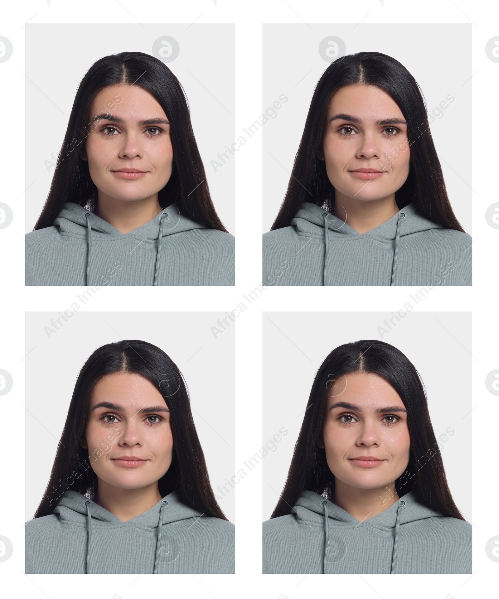 Image of Passport photo, collage. Woman on white background, set of photos