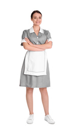 Photo of Young chambermaid in uniform on white background