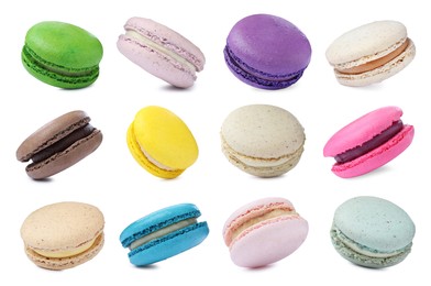 Image of Set with different delicious macarons on white background