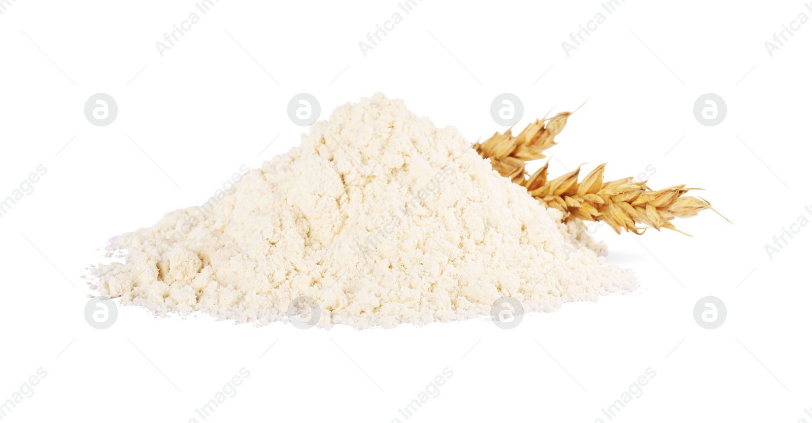 Photo of Pile of wheat flour and spikes isolated on white