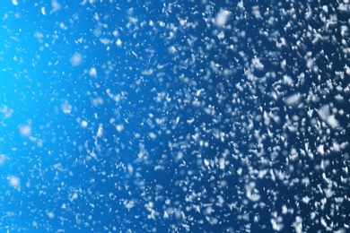 Photo of Snow flakes falling on blue background. Winter weather