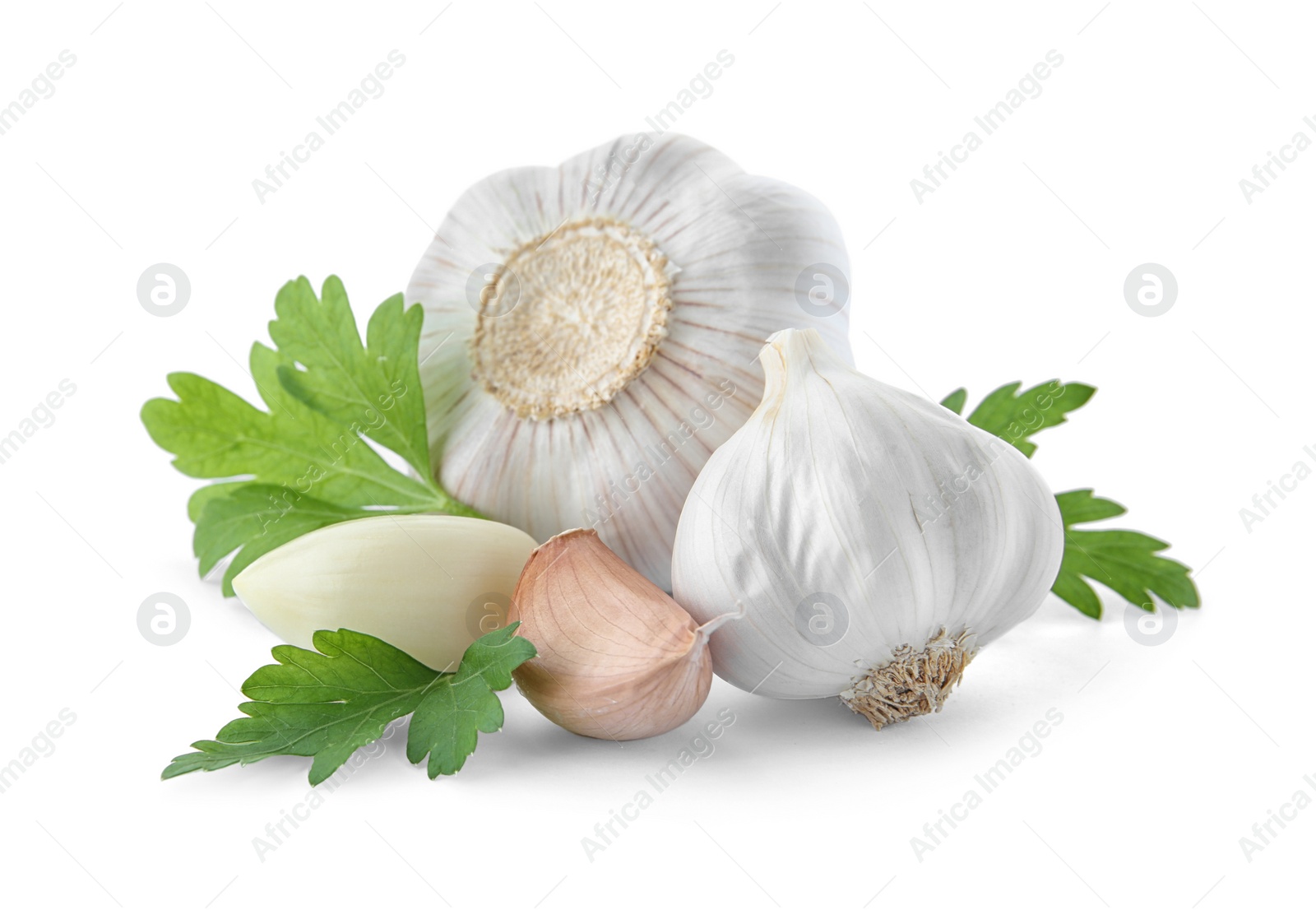 Photo of Fresh garlic and parsley on white background