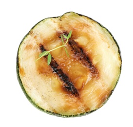 Photo of Delicious grilled zucchini slice on white background, top view