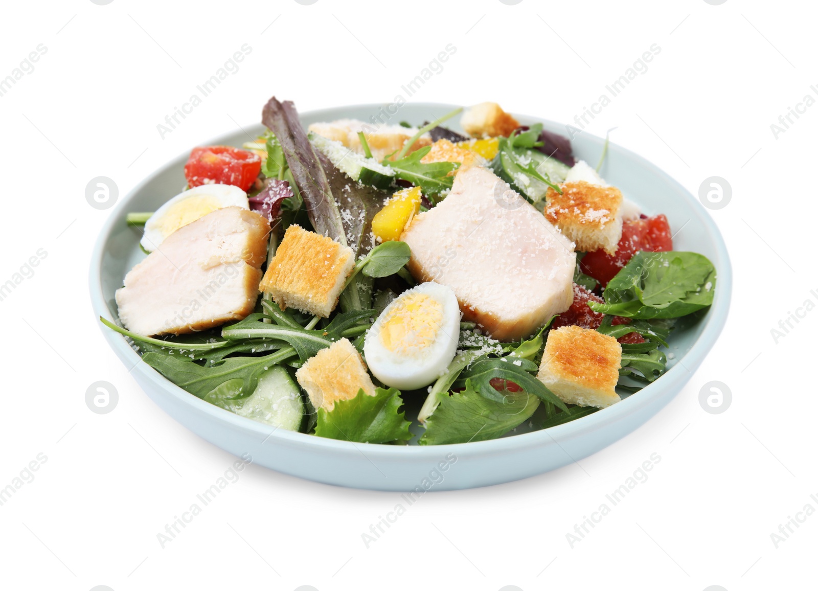 Photo of Delicious salad with croutons, chicken and eggs isolated on white