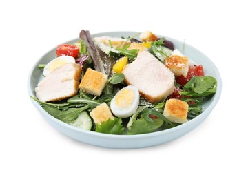 Photo of Delicious salad with croutons, chicken and eggs isolated on white