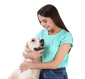 Photo of Young woman and her Golden Retriever dog on white background