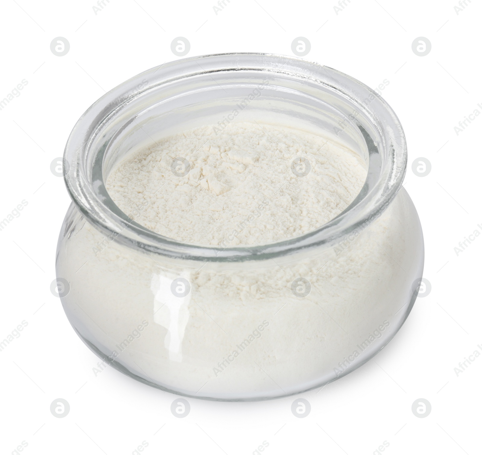 Photo of Baking powder in glass jar isolated on white