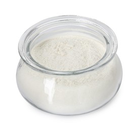 Photo of Baking powder in glass jar isolated on white