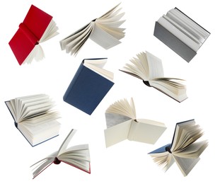 Image of Many hardcover books falling on white background