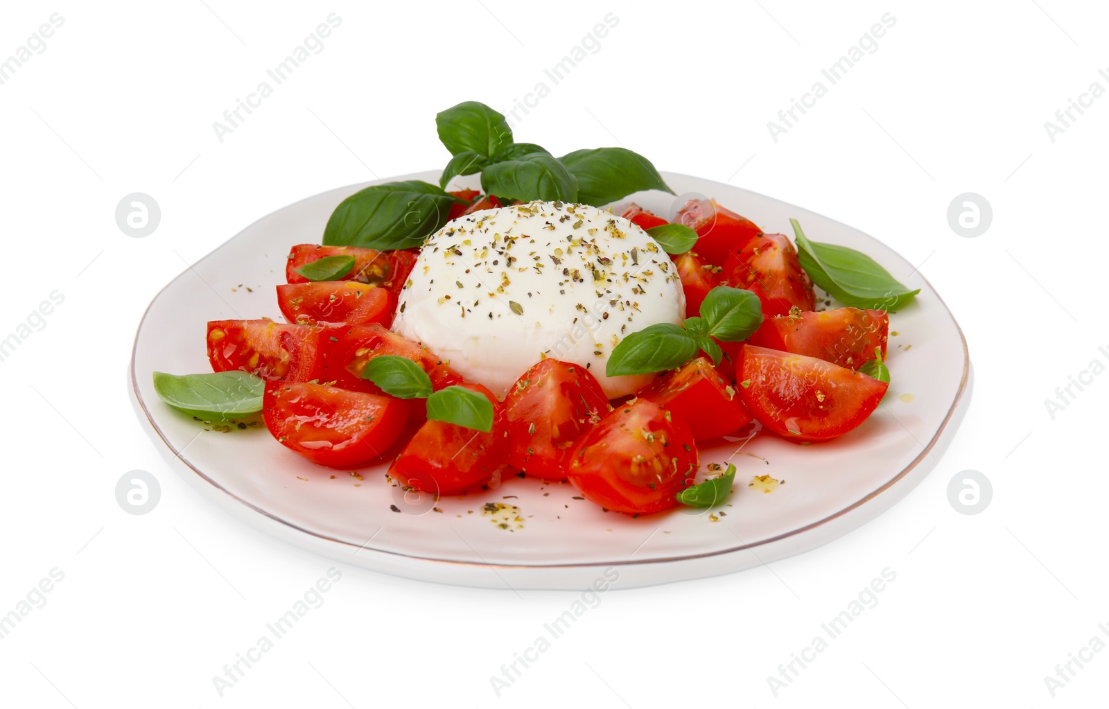 Photo of Tasty salad Caprese with mozarella, tomatoes and basil on white background