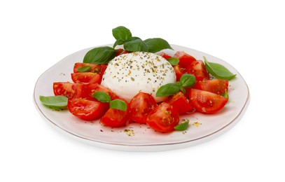 Photo of Tasty salad Caprese with mozarella, tomatoes and basil on white background