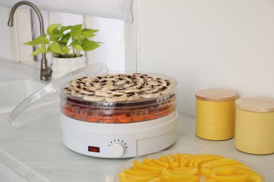 Modern dehydrator machine with vegetables in kitchen