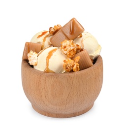 Photo of Delicious ice cream with caramel and popcorn in wooden bowl on white background