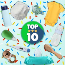 Top ten list of baby care products on pale light blue background