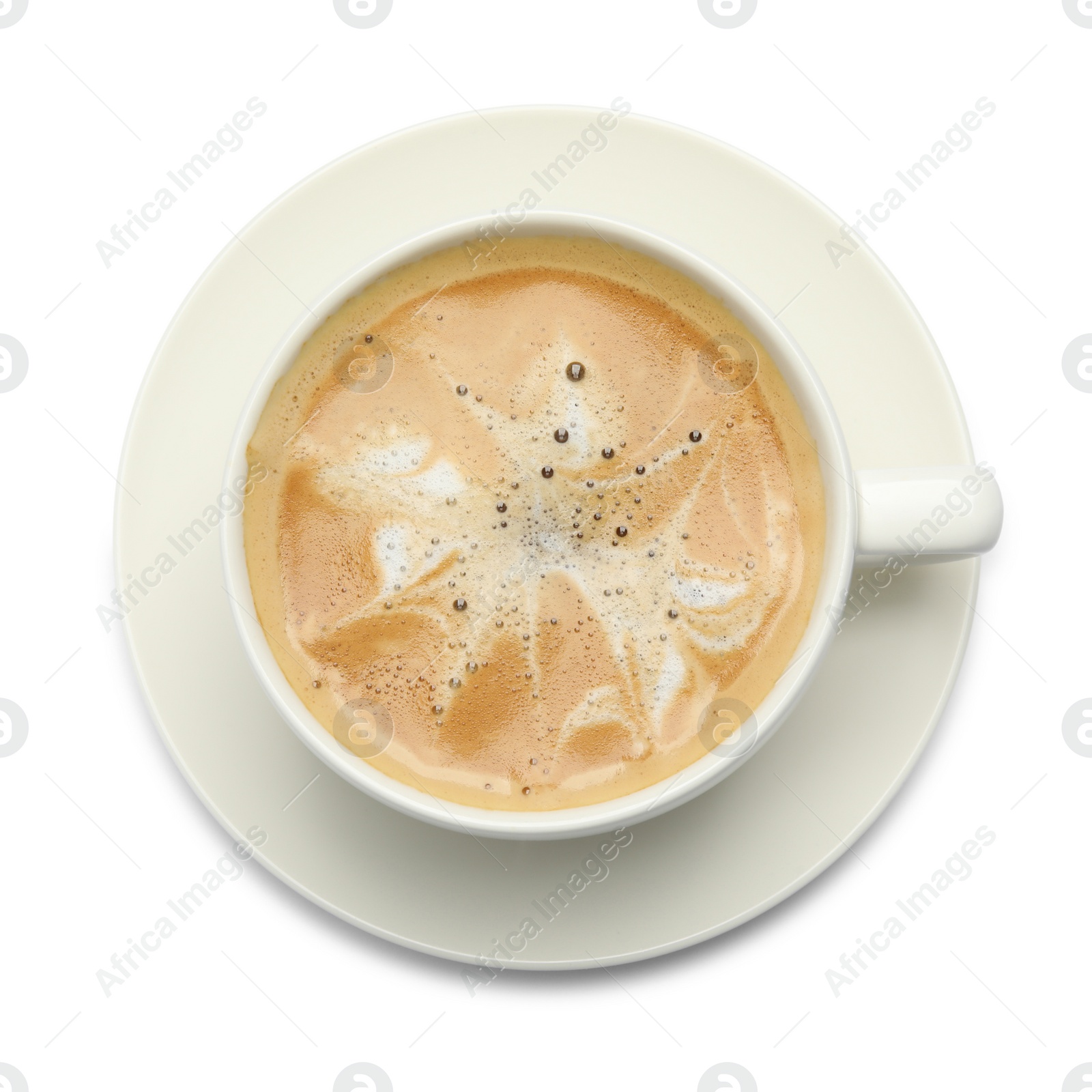 Photo of Cup of hot coffee isolated on white, top view