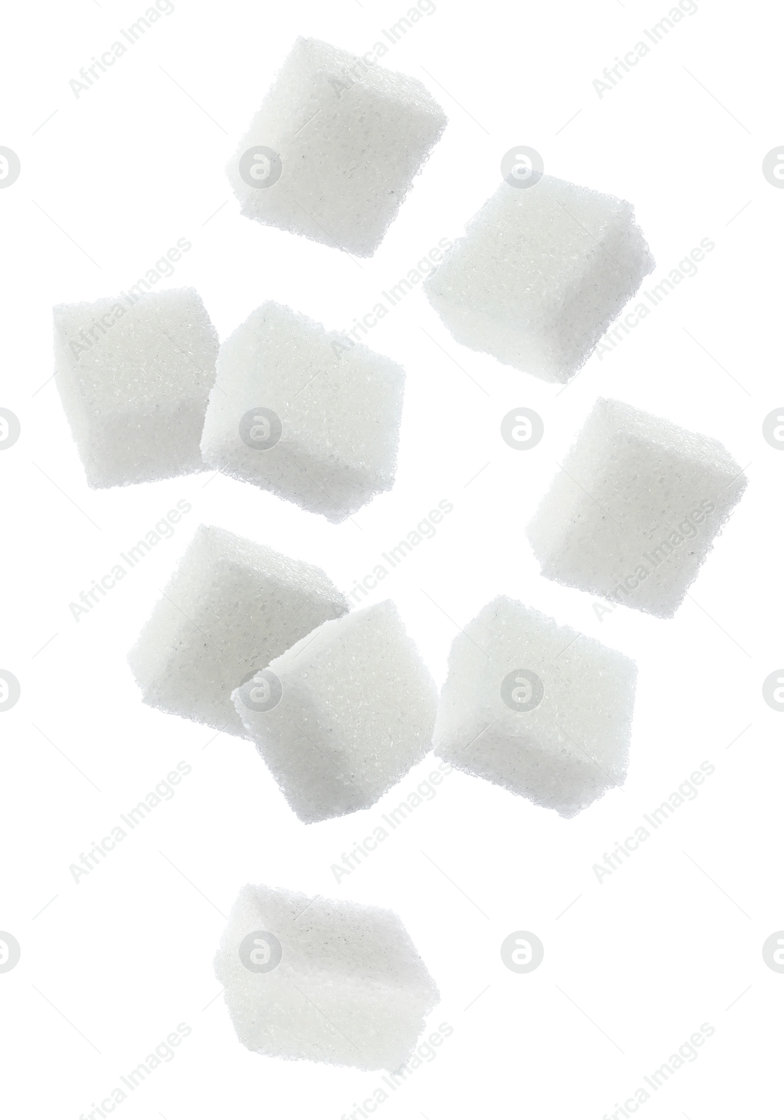 Image of Flying cubes of sugar on white background