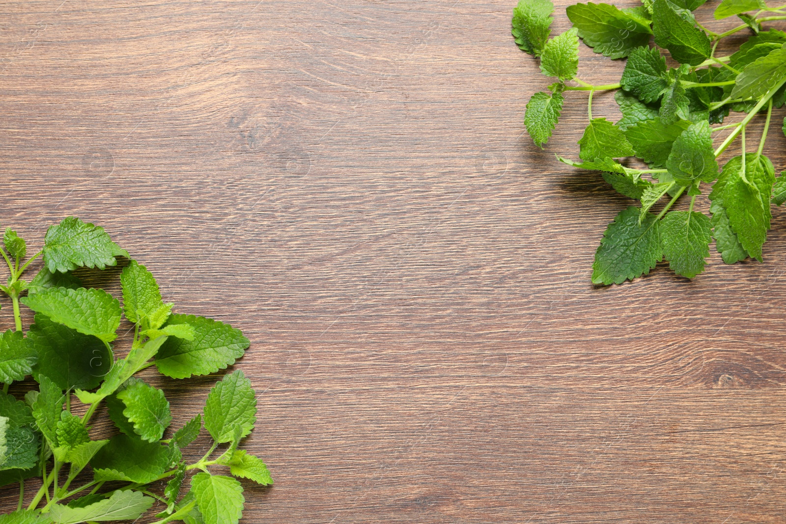 Photo of Fresh lemon balm on wooden table, top view. Space for text