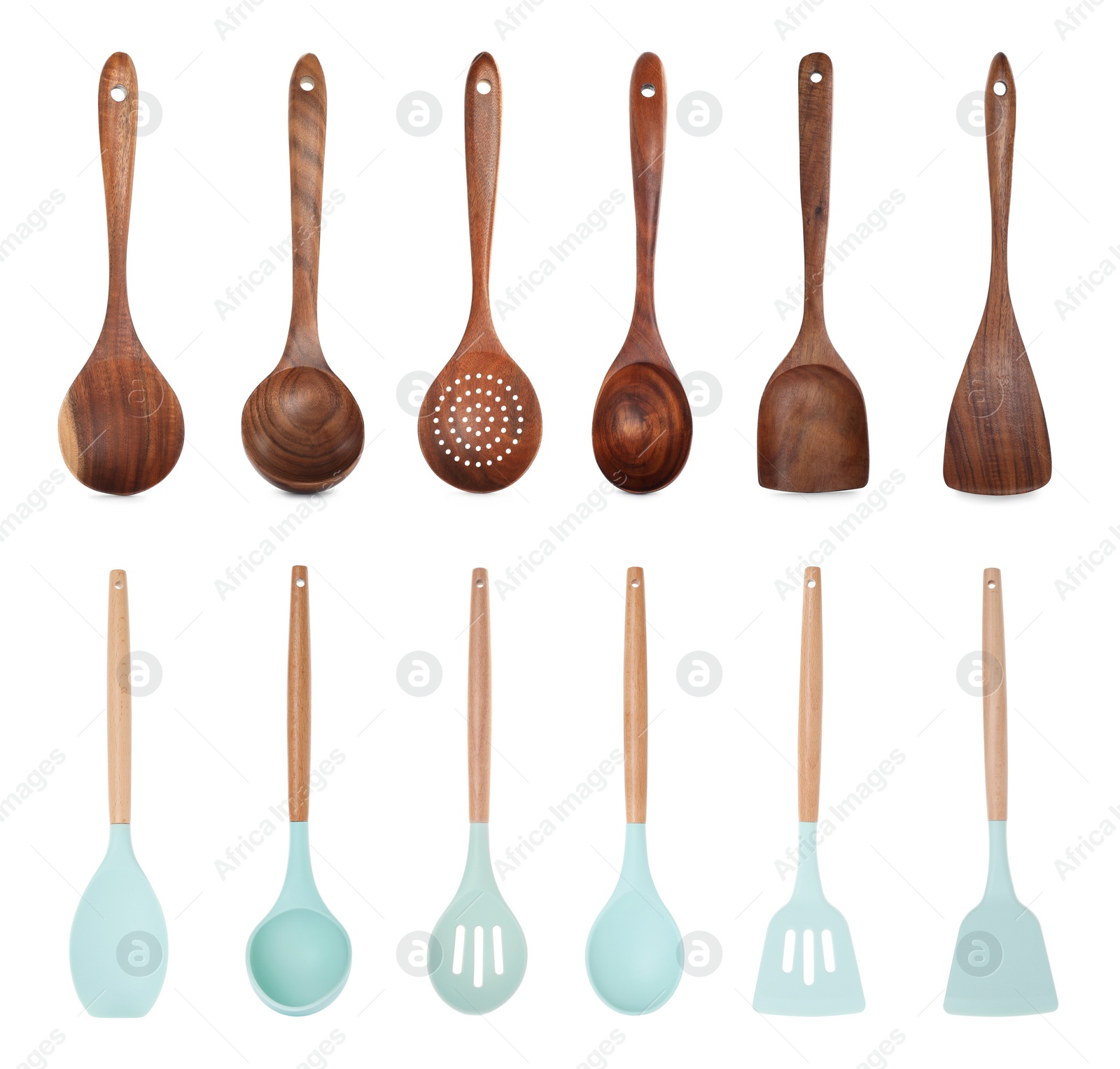 Image of Kitchen tool sets on white background, collage