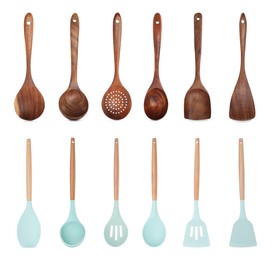 Image of Kitchen tool sets on white background, collage