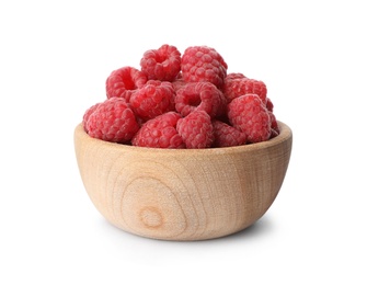 Photo of Bowl of delicious fresh ripe raspberries on white background