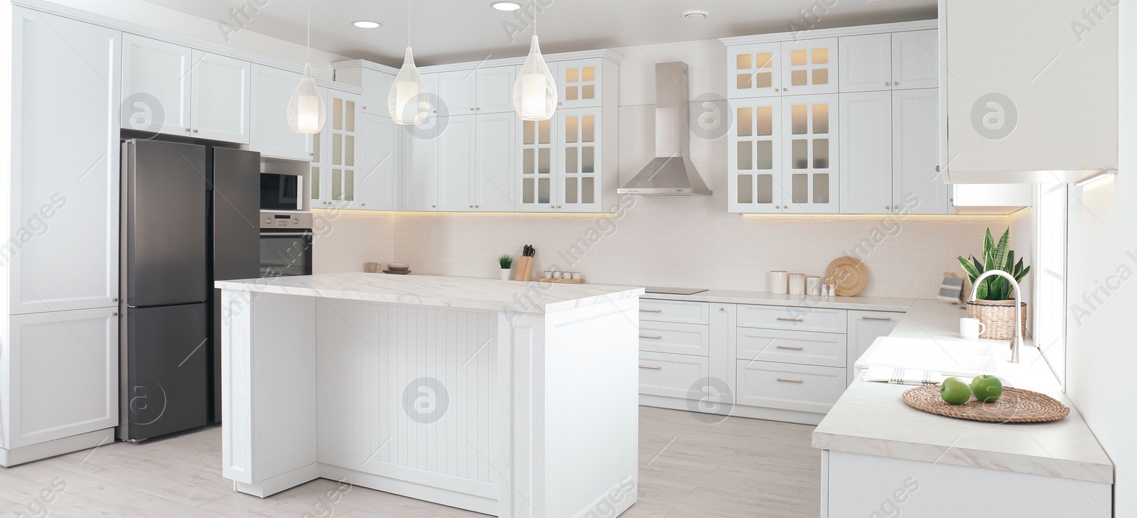 Image of Beautiful kitchen interior with new stylish furniture. Banner design