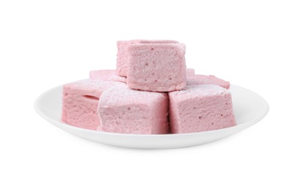 Photo of Plate of delicious sweet marshmallows with powdered sugar isolated on white