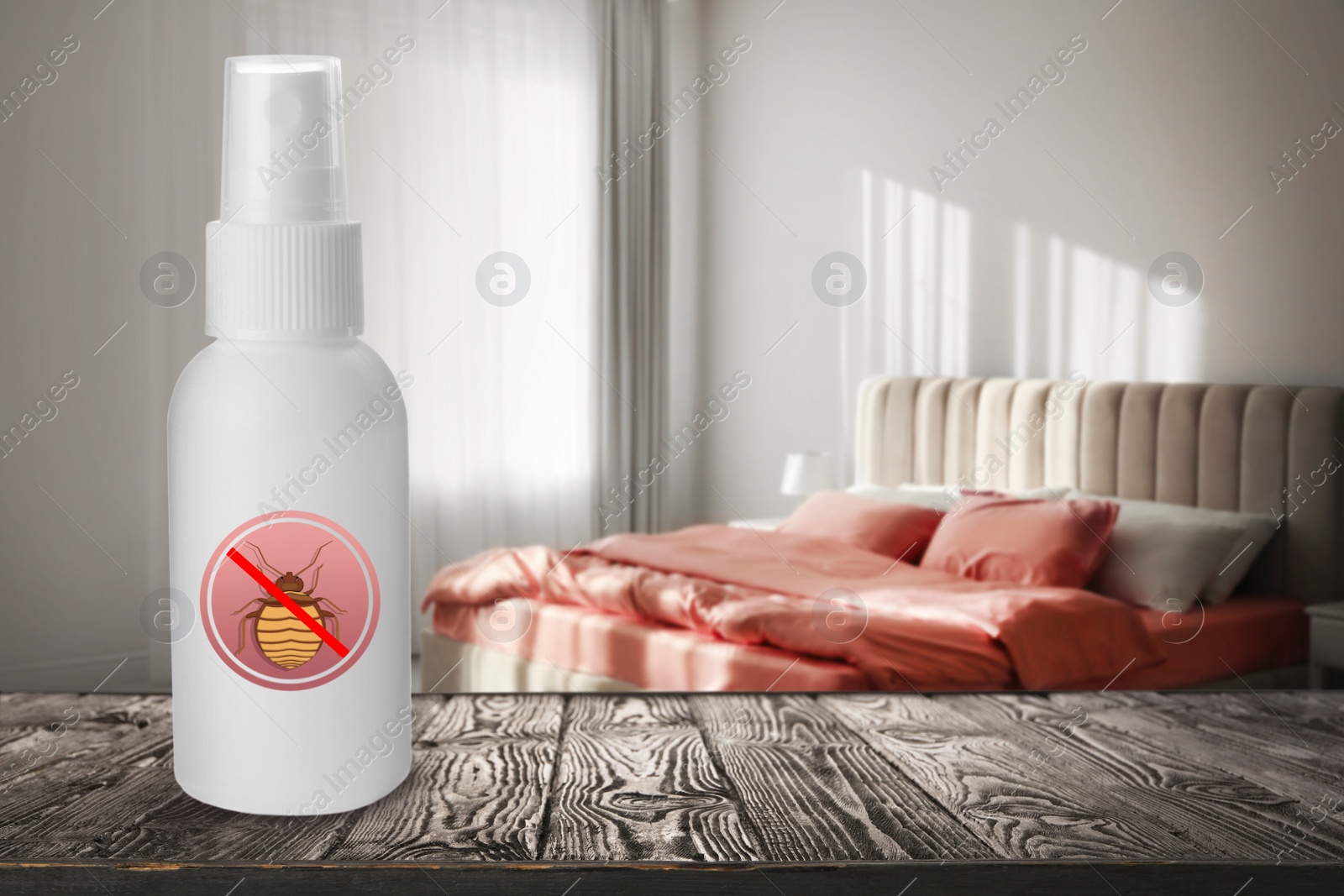 Image of Anti bed bug spray on wooden table in bedroom. Space for text