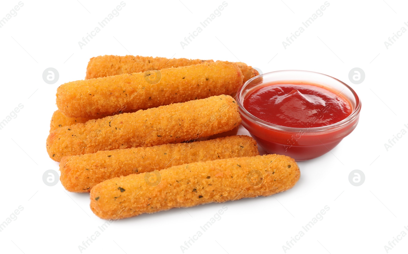 Photo of Tasty cheese sticks with ketchup on white background