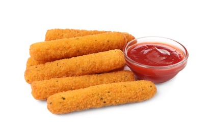 Photo of Tasty cheese sticks with ketchup on white background