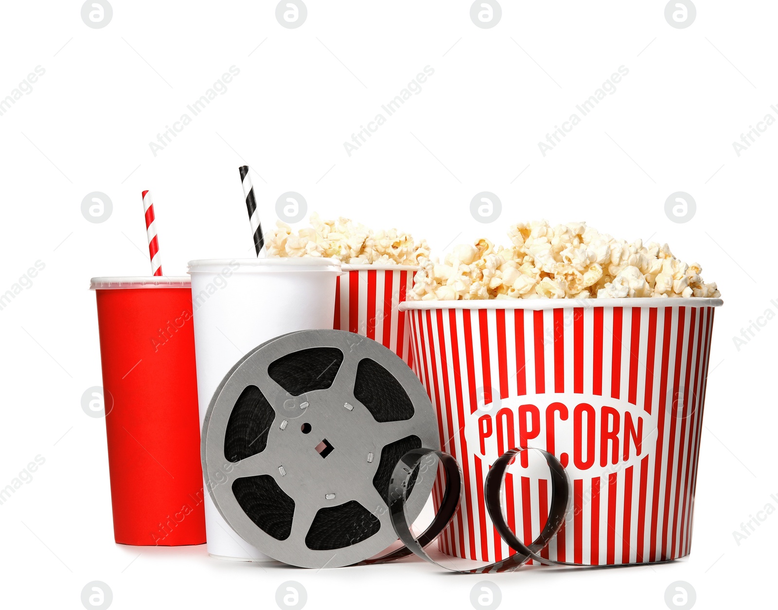 Photo of Popcorn, drinks and reel isolated on white. Cinema snack