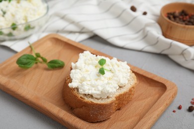 Photo of Bread with cottage cheese and basil on grey table, closeup
