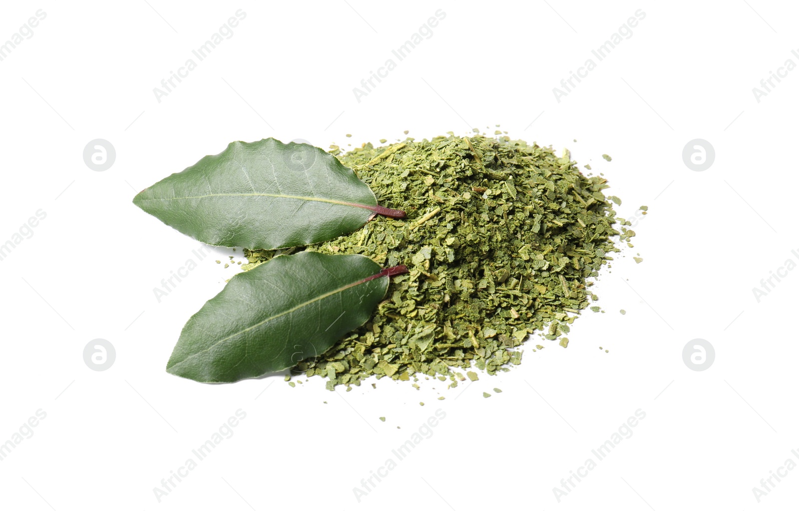 Photo of Heap of ground and fresh bay leaves on white background