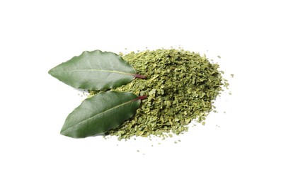 Photo of Heap of ground and fresh bay leaves on white background
