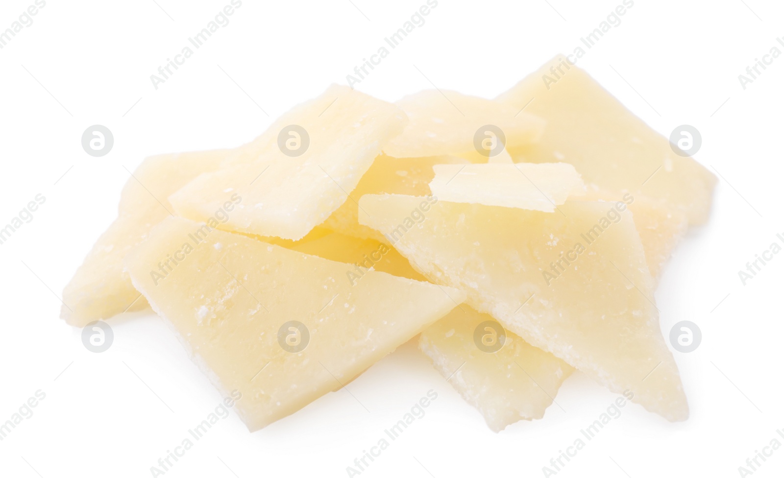 Photo of Pile of parmesan cheese pieces on white background