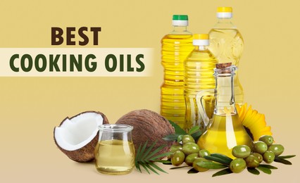Image of Best for cooking. Different oils and ingredients on pale yellow background