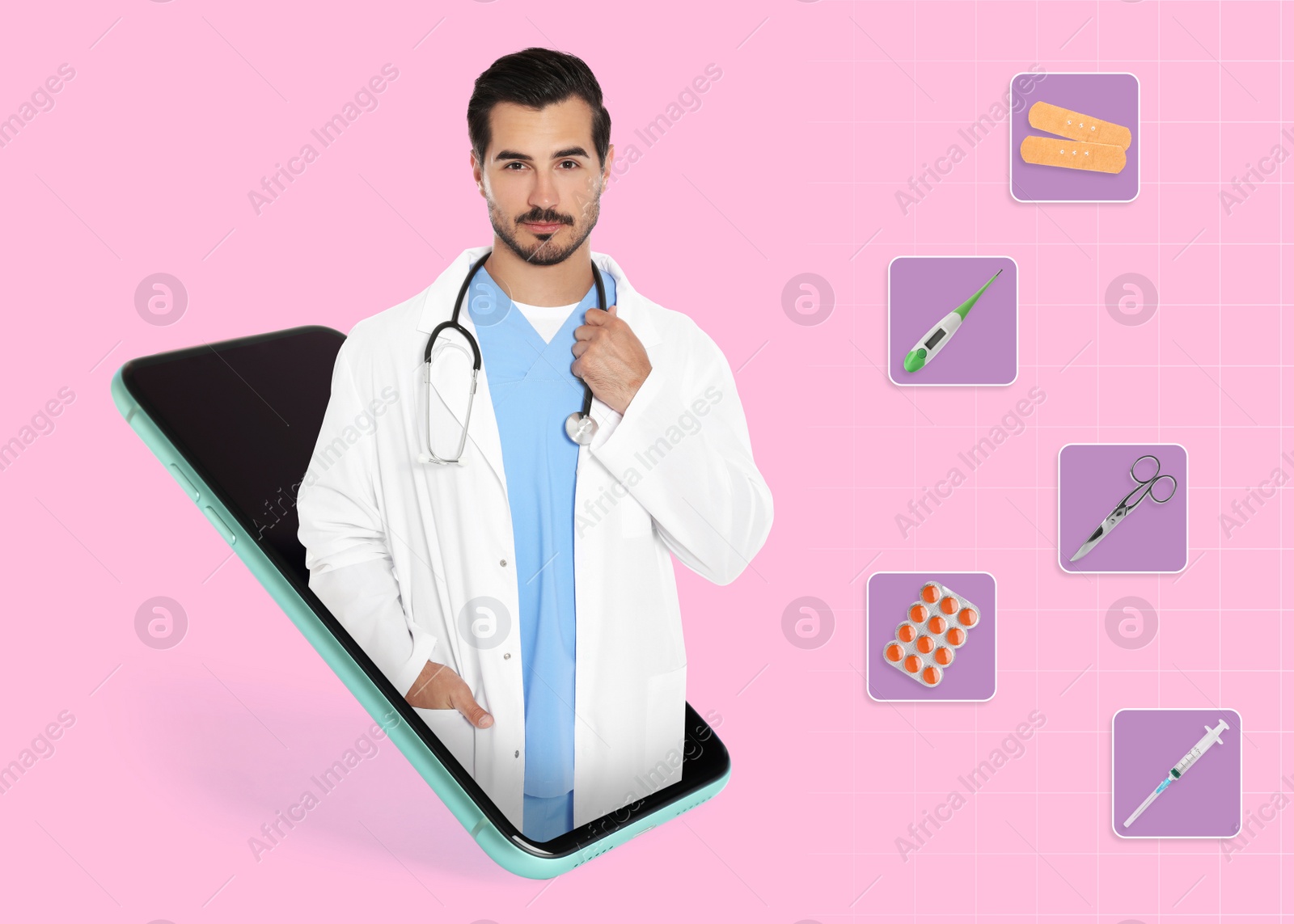 Image of Online medicine. Doctor and modern smartphone on pink background