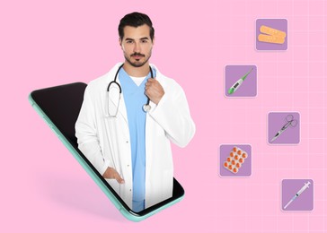 Online medicine. Doctor and modern smartphone on pink background