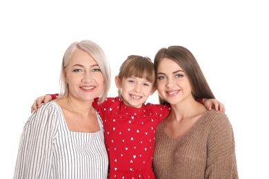 Photo of Portrait of beautiful mature woman with daughter and grandchild on white background