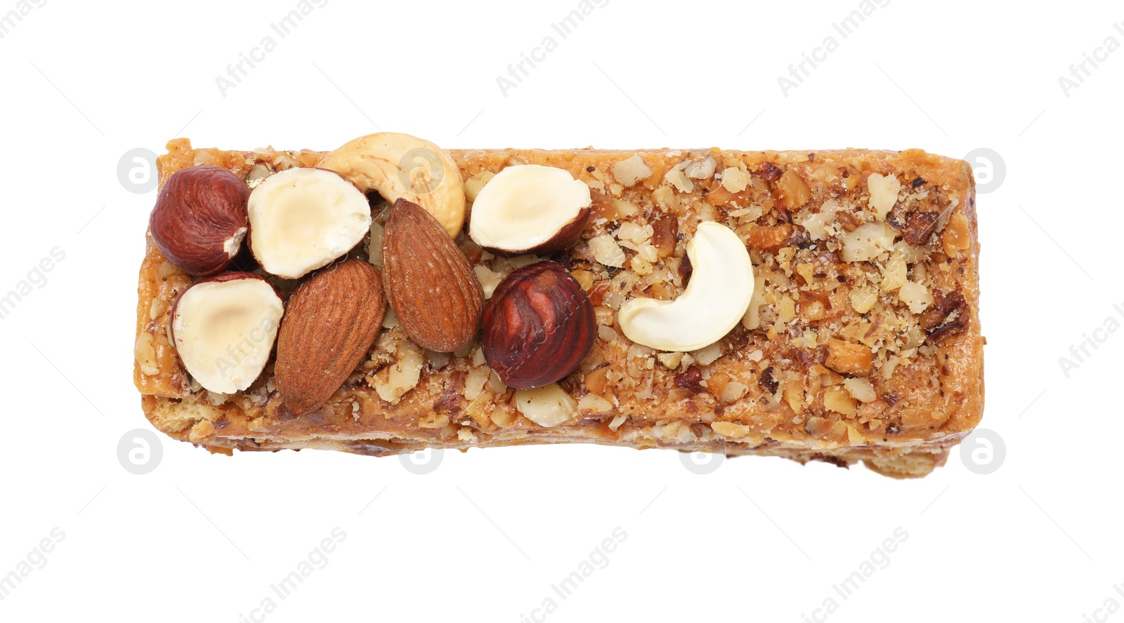 Photo of Delicious layered honey cake with nuts isolated on white, top view