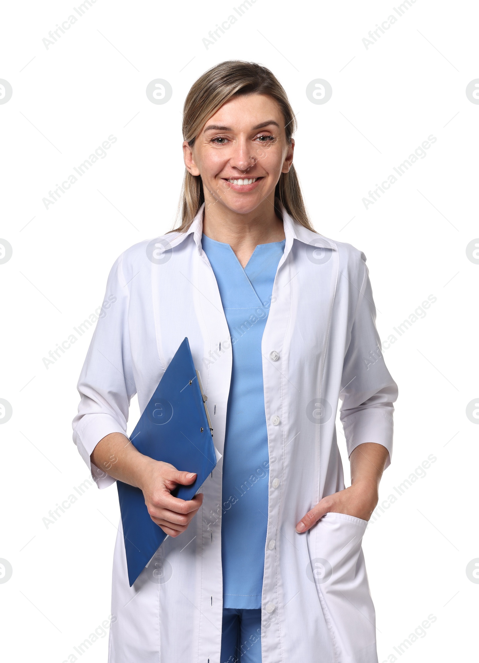 Photo of Portrait of happy doctor with clipboard on white background