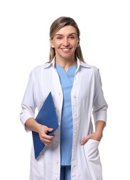 Portrait of happy doctor with clipboard on white background