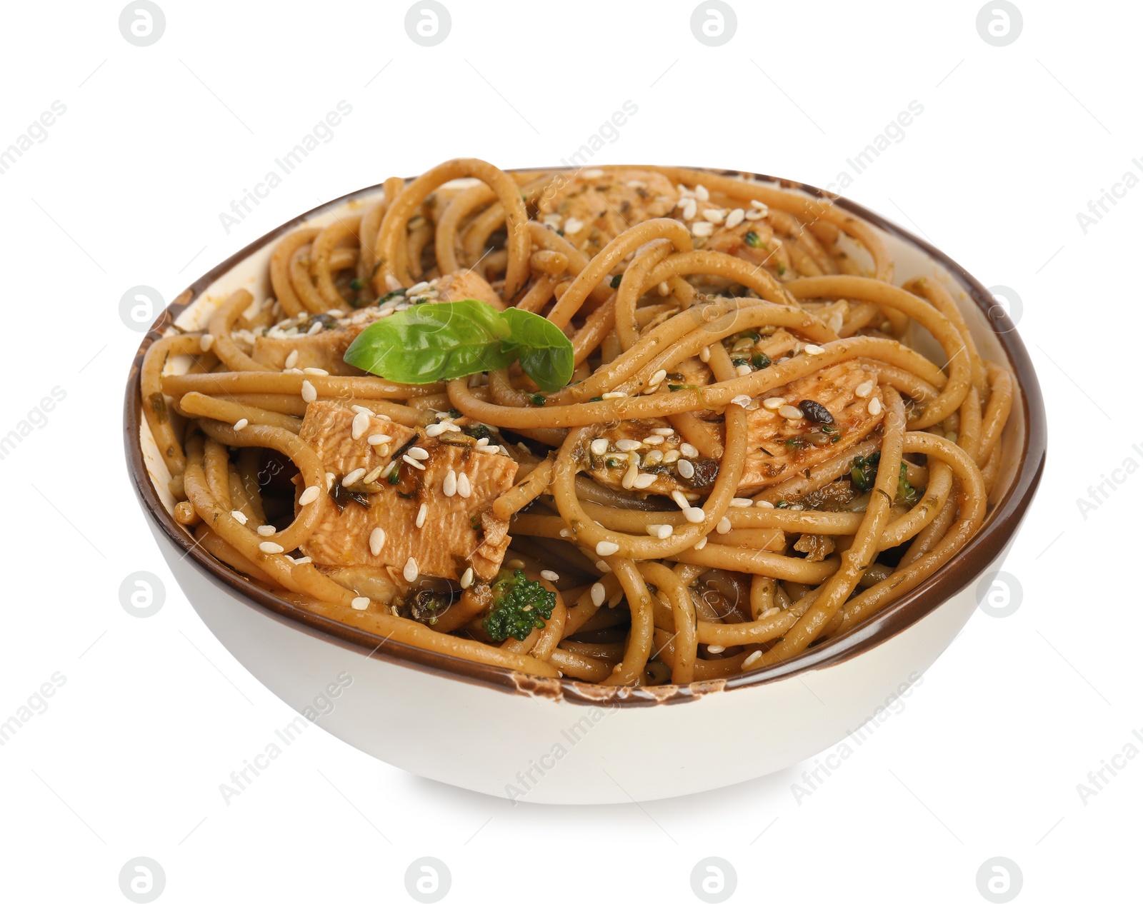 Photo of Tasty buckwheat noodles with meat in bowl on white background