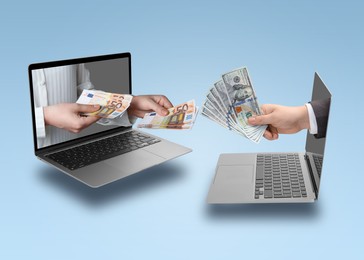 Online money exchange. Man with dollars and woman holding euro banknotes, closeup. Hands sticking out of laptops on color background