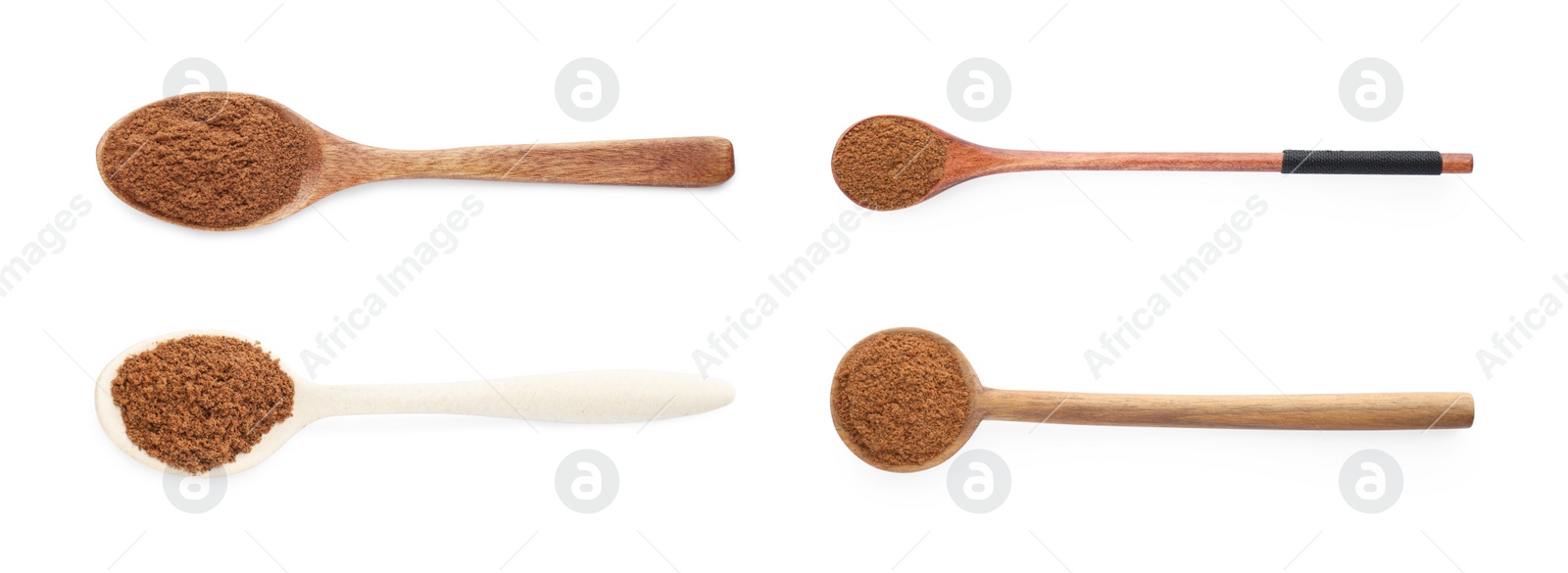 Image of Set with nutmeg powder on white background, top view. Banner design