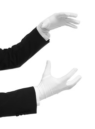 Photo of Magician holding something on white background, closeup